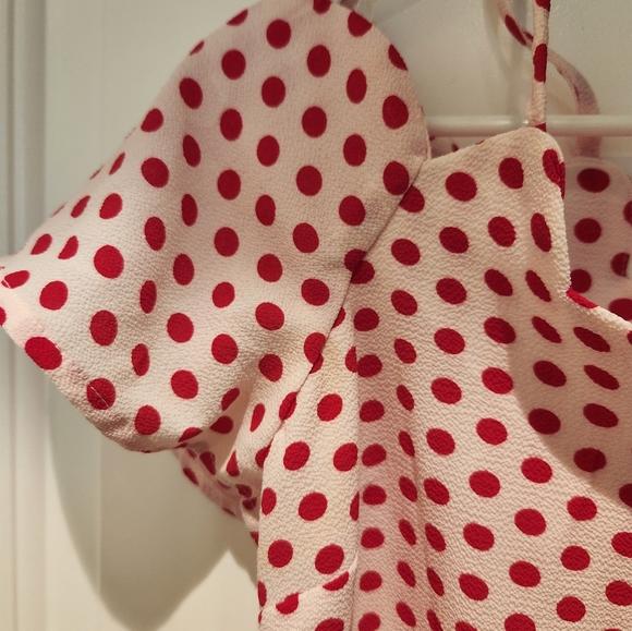 Monteau Pink/White Polka Dot Off Shoulder Shirt Scalloped Edges - Picture 2 of 3